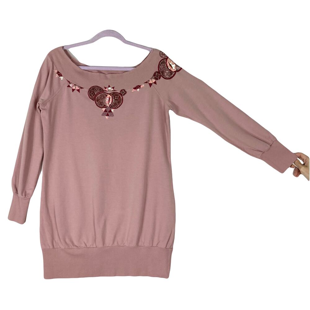 NWOT WHISTLES Sweater Women 3~M Pink Sequin-Beaded Embroidery Boat Neck Cotton